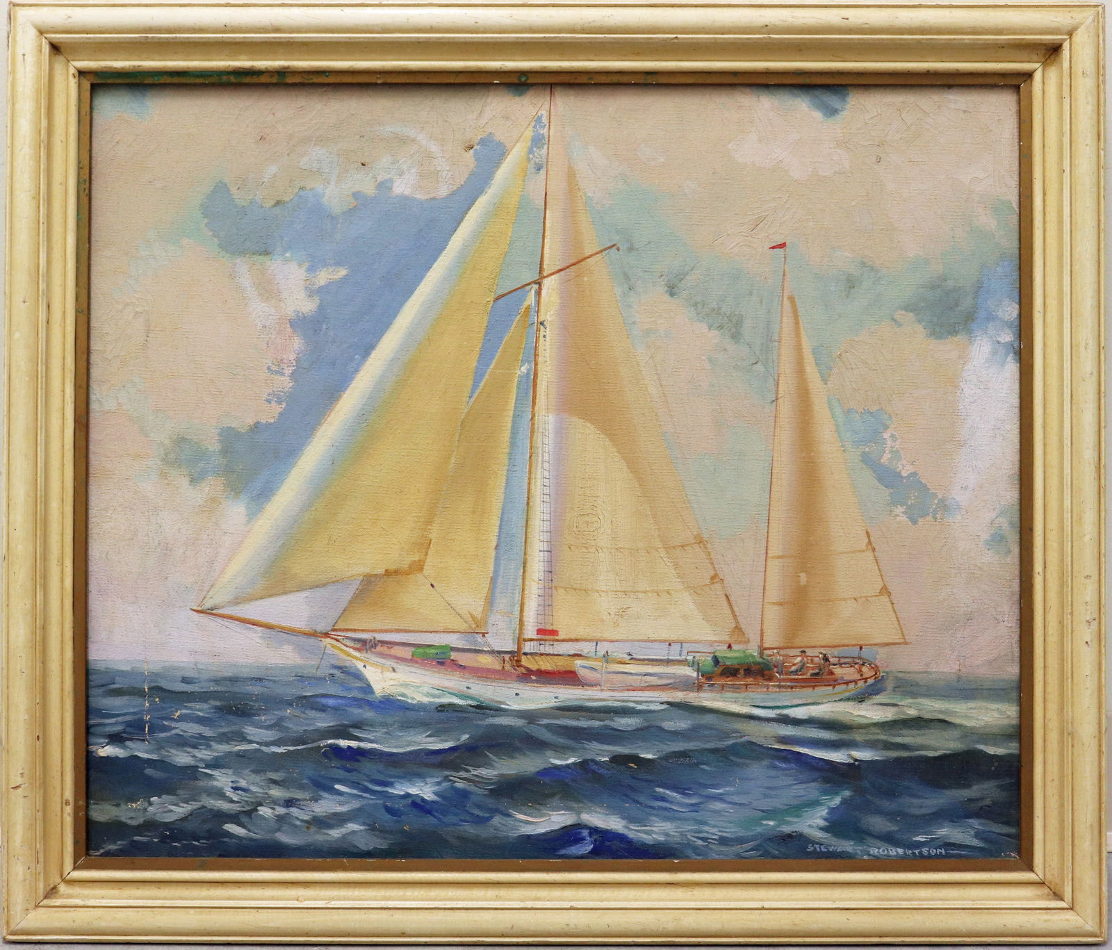 STEWART ROBERTSON SAILBOAT PAINTNG: Stewart Robertson (1887-1967) Vintage oil on canvas painting of a sailboat in the ocean. Signed lower right. Age related surface wear. Measures 24" x 20" and 27" x 23" with frame.