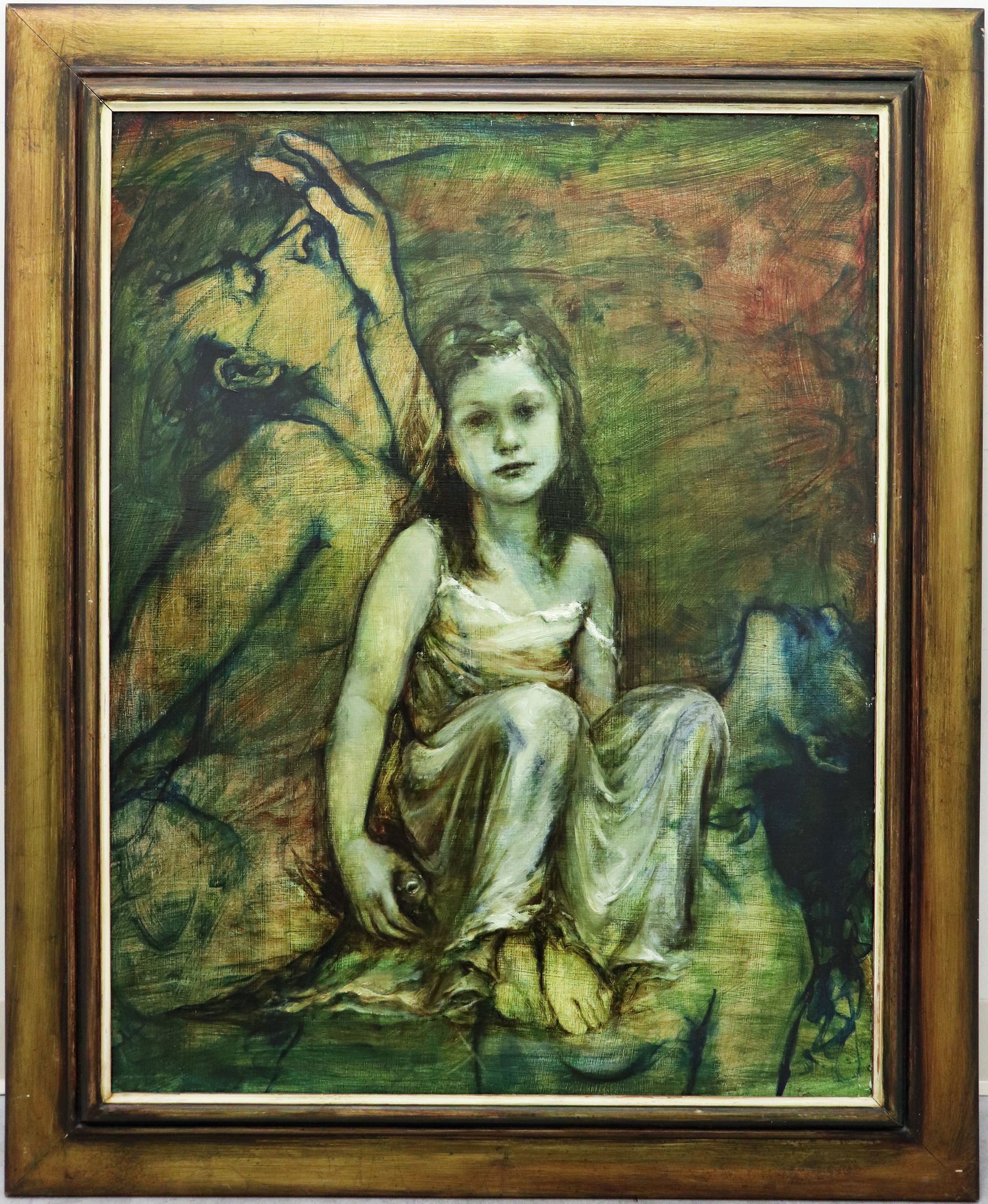 OIL ON BOARD PAINTING OF A YOUNG GIRL: Large oil on board painting in dark tones of a young female child in the middle of a couple. Unknown artist. Measures 36" x 28" and 44" x 36" with frame.