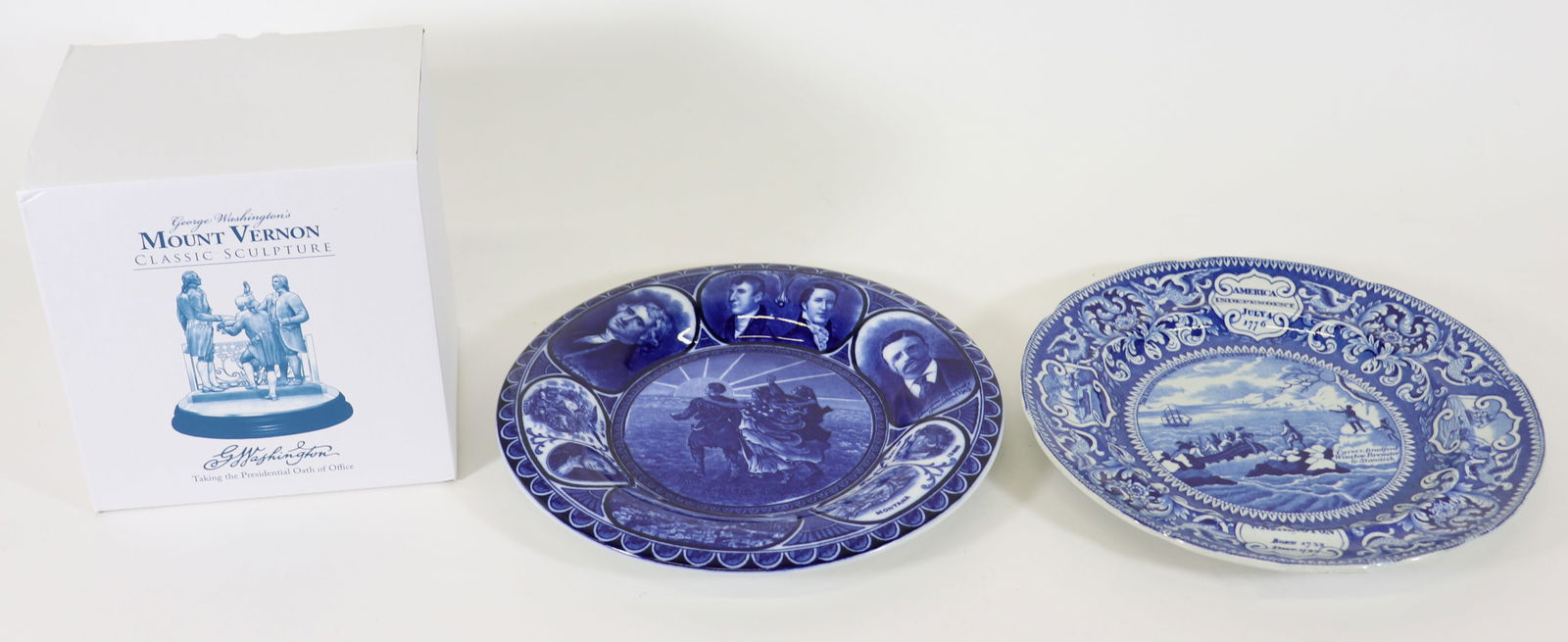 AMERICANA PLATES & SCULPTURE: Collection of Americana including a Enoch Wood & Sons blue and white America Independent 1776 Washington plate, Souvenir of Lewis & Clark Centennial Portland Oregon 1905 Staffordshire England plate,