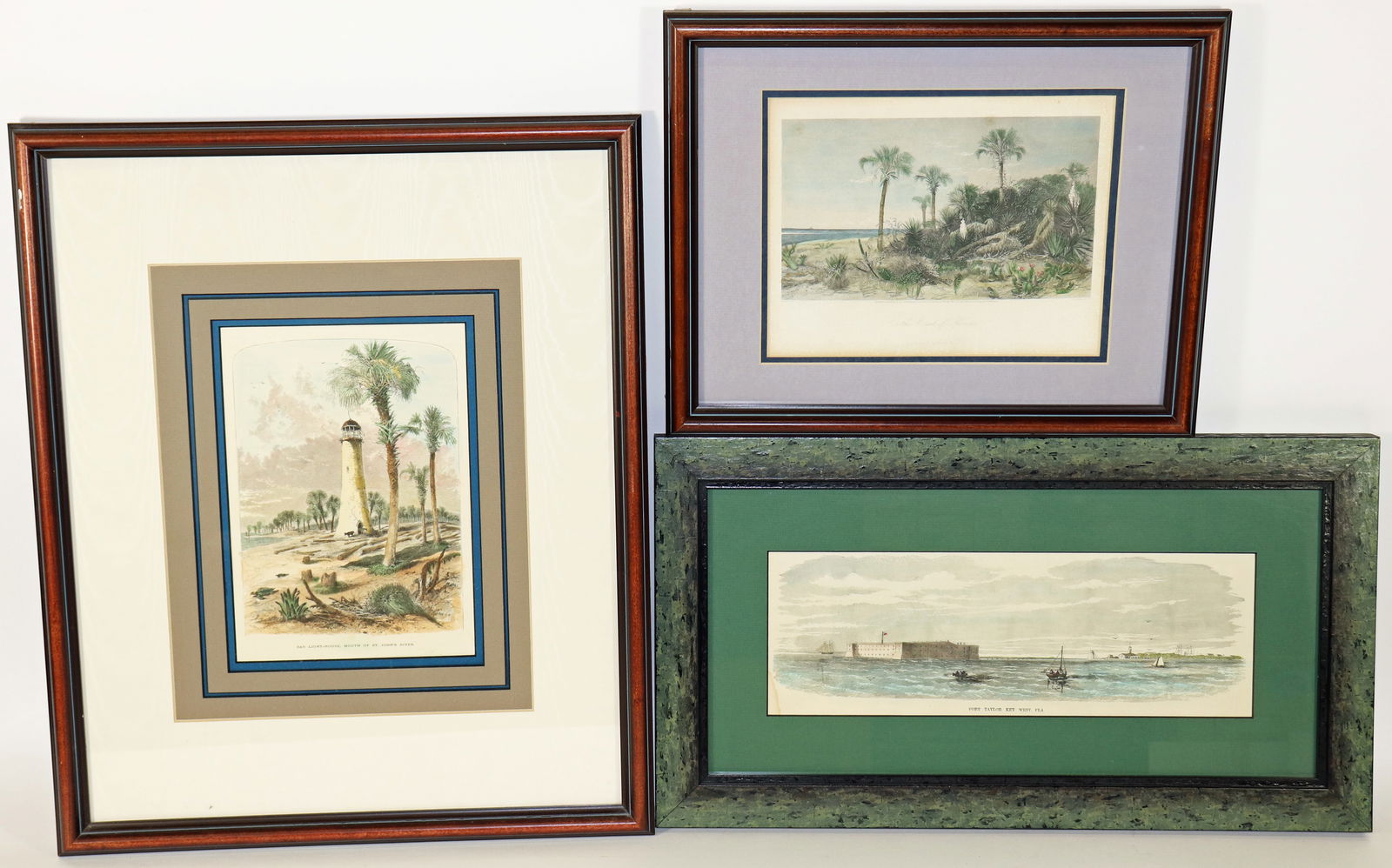 (3) ANTIQUE PRINTS, KEY WEST, ST JOHNS RIVER, FL.: Antique aquatint print of Fort Taylor in Key West, a US National Historic Landmark complete in 1866, a small stain lower right bottom, measures 5" x 14 1/2", matted and framed measures 12" x 21 1/4",