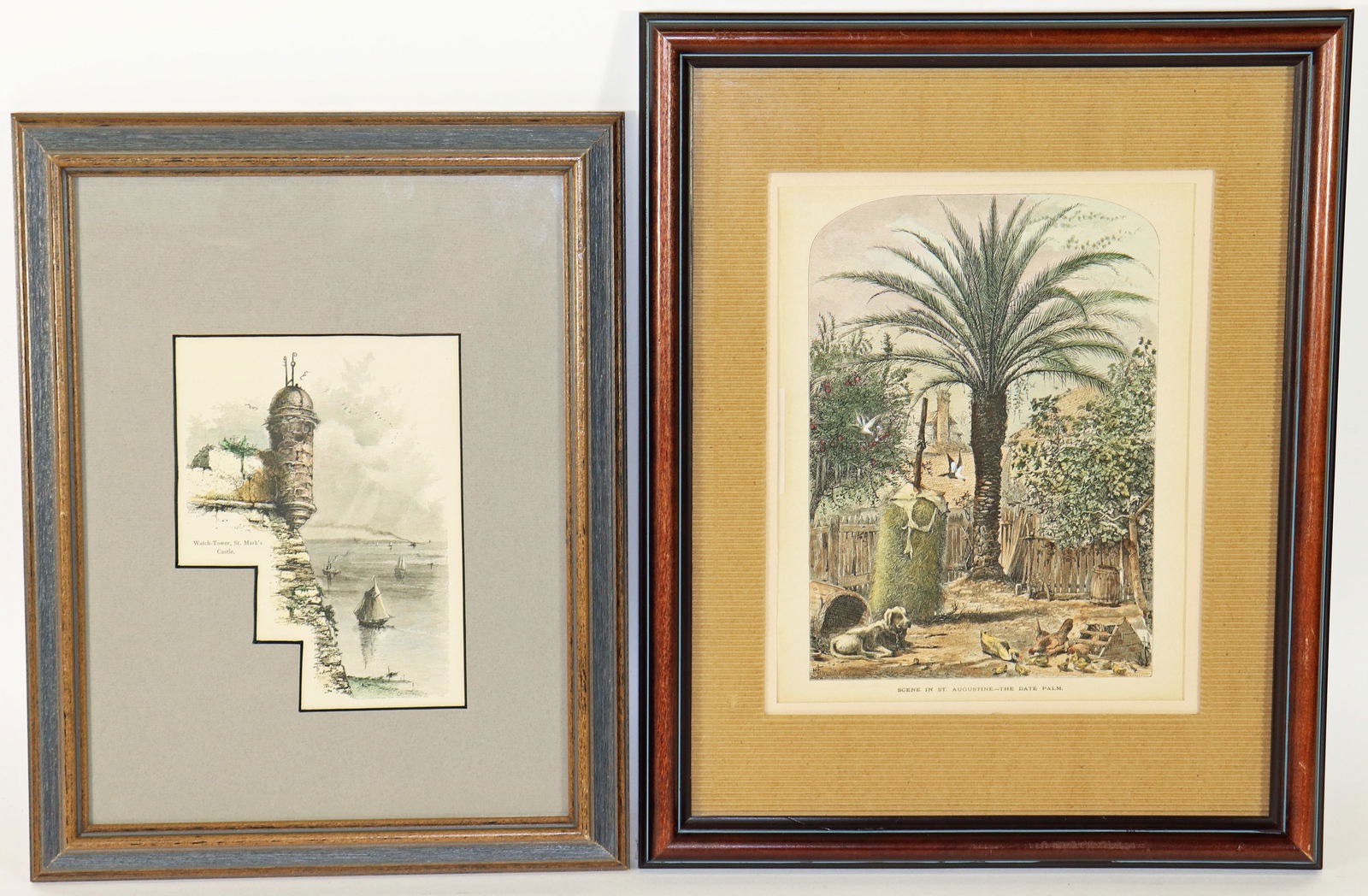 (2) ANTIQUE SAINT AUGUSTINE FLORIDA LITHOGRAPHS: Includes "Watch Tower, St. Marks Castle" (original name for the Castillo de San Marco, the oldest masonry fort in the continental US) St. Augustine. Measures 7" x 5", matted and framed measures 14" x