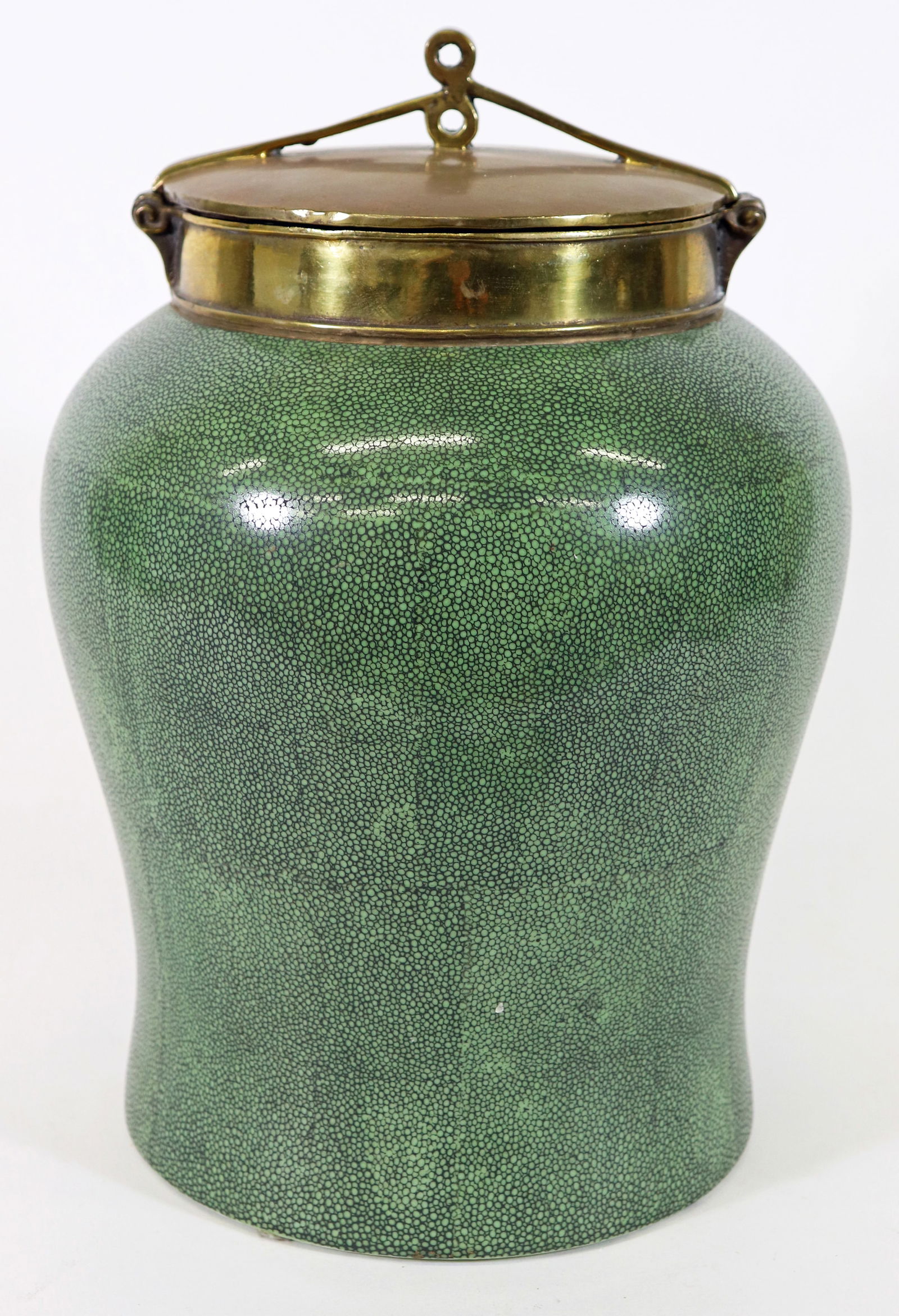 CHINESE TEA JAR URN: Chinese green urn with crackle design and metal lid. Measures 12.5" tall 9" wide.