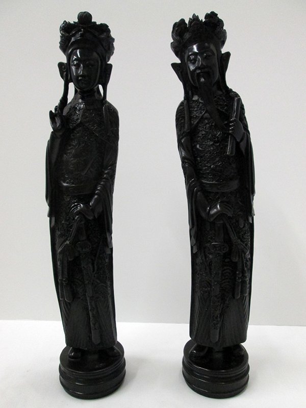 (2) BLACK CINNABAR CHINESE FIGURES: Emperor and empress. Figures stand 16 1/2" tall.