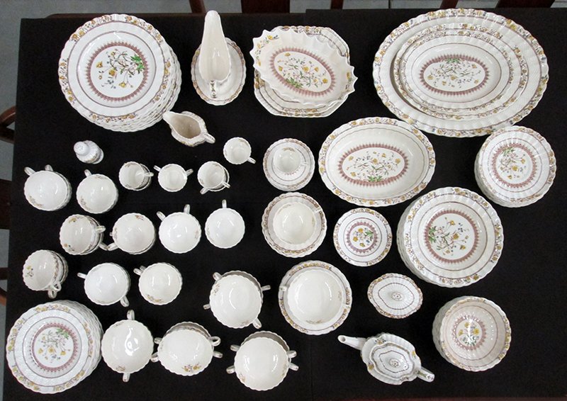 COPELAND SPODE BUTTERCUP CHINA SET: (13) 10 1/2" plates, (12) 7 3/4" plates, (17) cups & saucers, (8) bouillon cups & saucers, teapot, creamer & sugar, (8) demitasse cups & saucers, (12) 9" plates, (8) 6 1/2" bowls & saucers,17" 13" & 1