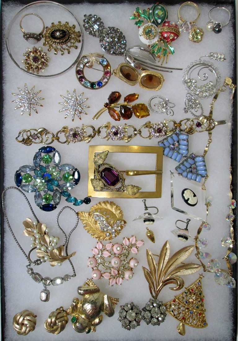 VINTAGE SIGNED COSTUME JEWELRY: Signed necklaces, brooches, earrings, rings and bracelets. Names to include: Kramer, West Germany, Weiss, Crown Trifari, Sterling D'Or, Sarah Coventry, Lisner, Van Del Gold Filled, Coro, J.J., Swarovs