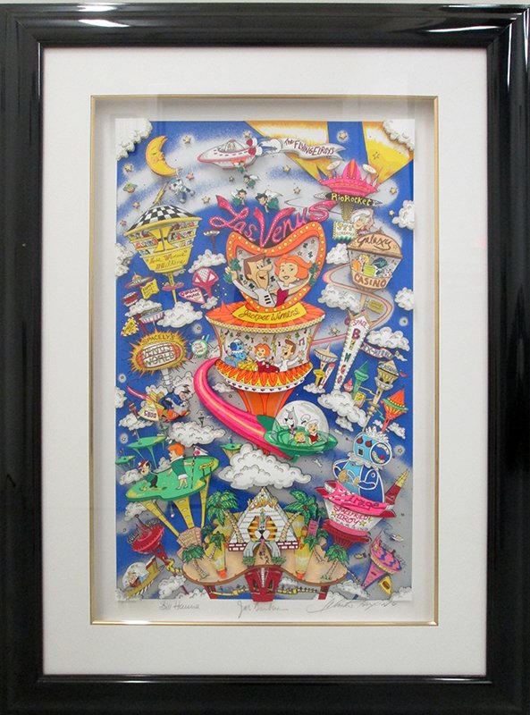 CHARLES FAZZINO JETSONS TAKE LAS VENUS ARTWORK: Charles Fazzino (American b.1955) 3D Pop art of the famous Jetsons cartoon with a Las Vegas theme. This piece of artwork is signed by Joseph Barbera, William Hanna, Charles Fazzino, and is numbered 10