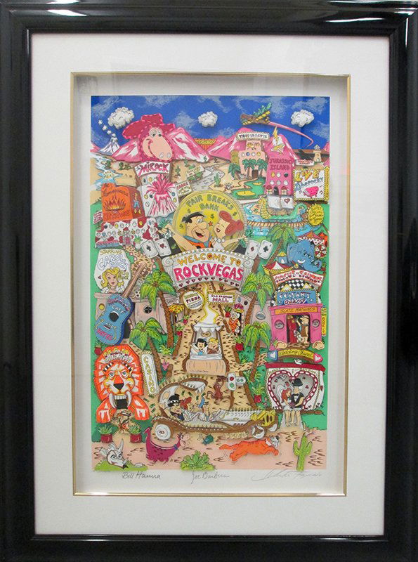 CHARLES FAZZINO THE FLINTSTONES ROCK VEGAS ARTWORK: Charles Fazzino (American b.1955) 3D Pop art of the famous Flintstones cartoon with a Las Vegas theme. This piece of artwork is signed by William Hanna, Joseph Barbera, Charles Fazzino, and is numbere
