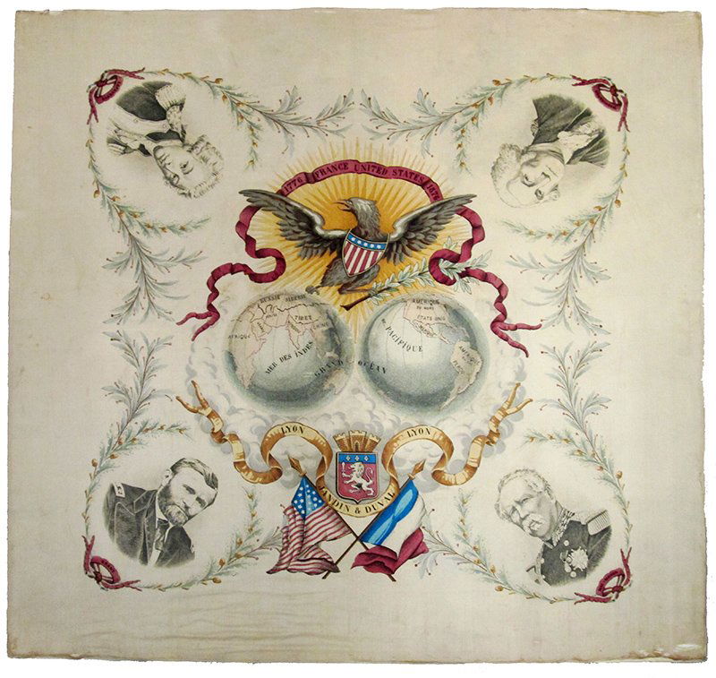 19TH CENTURY SILK HANDKERCHIEF: Commemorative 1776 1876 silk kerchief textile of France and United States. Features the portraits of Grant, Washington, Lafayette, and Mac Mahon. Marked Lyon Jandin & Duval measures 32 1/2" x 30 1/2"