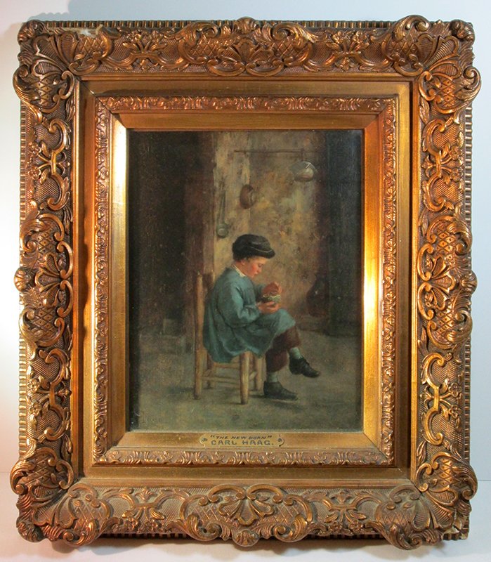JEAN-PAUL HAAG PAINTING: Jean Paul Haag (French 1854-1906). Oil on board painting of a boy holding a bird nest. Signed Haag lower left. Measures 7 1/2" x 9 1/2" . Plaque on frame lists artist as Carl Haag (incorrectly).