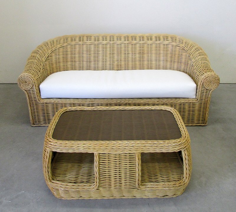 WICKER RATTAN SOFA & TABLE: Sofa measures 88" x 44" wide & 35" tall. Table measures 47" x 27" wide 20" tall.