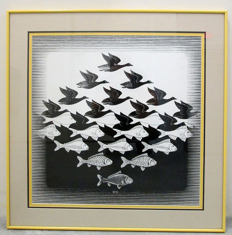 M.C. ESCHER PRINT: Bird and fish designed print by MC Escher. Framed under glass, print measures 19 1/2" x 19 1/2"