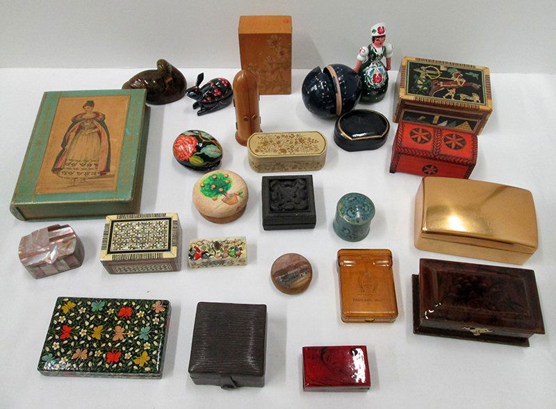 BOX COLLECTION FROM AROUND THE WORLD: Hand painted Kashmir black lacquer box, Inlaid box with mother of pearl, Abalone shell box, Leather box, a Budapest doll box, an Egyptian box and more.
