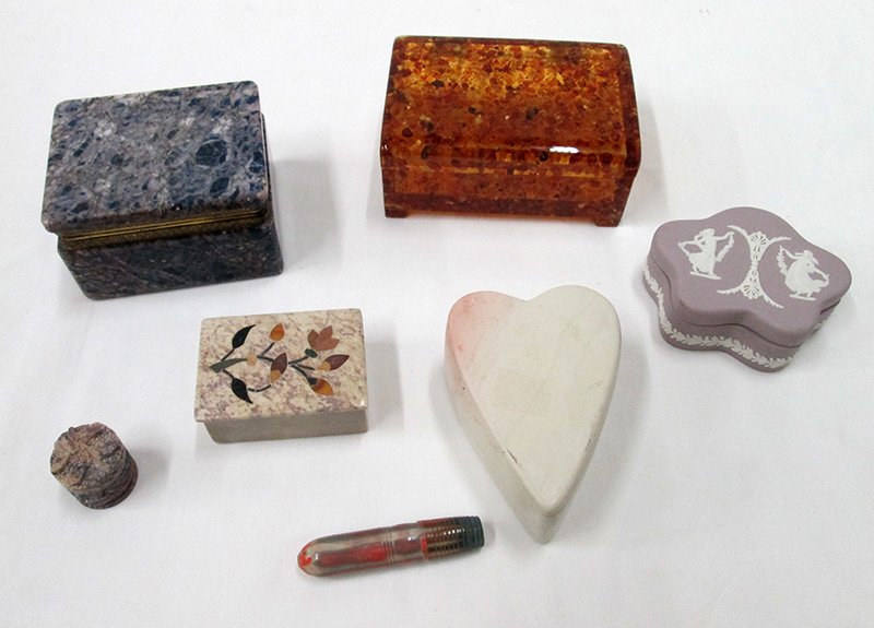 LAPIS, AMBER, WEDGWOOD & MORE BOX COLLECTION: Collection of boxes to include a Lapis Gold Gilt box from Italy, an Amber Box from Poland, a violet purple Jasperware Wedgwood box from England and more.