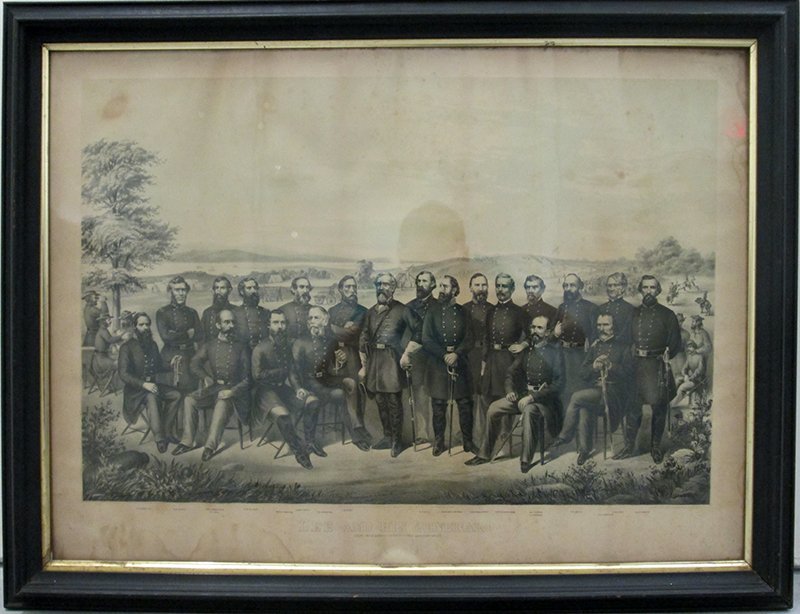 CIVIL WAR LEE AND HIS GENERALS LITHOGRAPH: Lee standing with his generals, names printed under each general, with military camp in background. Published by J. Kelly & Sons. Plate measures 26 1/2" x 17 1/2" and 33 1/2" x 26" with frame. Some fo