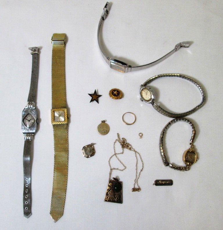 VINTAGE JEWELRY & WATCHES: Elgin, Bulova, gold filled, 10K star pin, military pin (marked United State of America August 1947), and more.