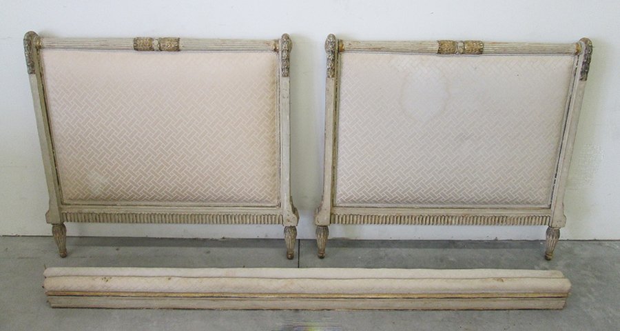 LOUIS XVI STYLE BED: Painted french bed. Some wear/paint loss. One area where side rail connects is broken. 38" tall 38 1/4" wide.