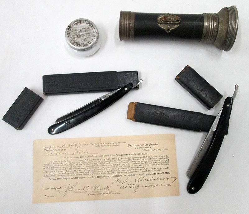 STRAIGHT RAZORS & COLLECTIBLES: J.A. Henckles, Wald Solingen, 1886 pension increase document, franco flashlight, vaseline cold cream jar.