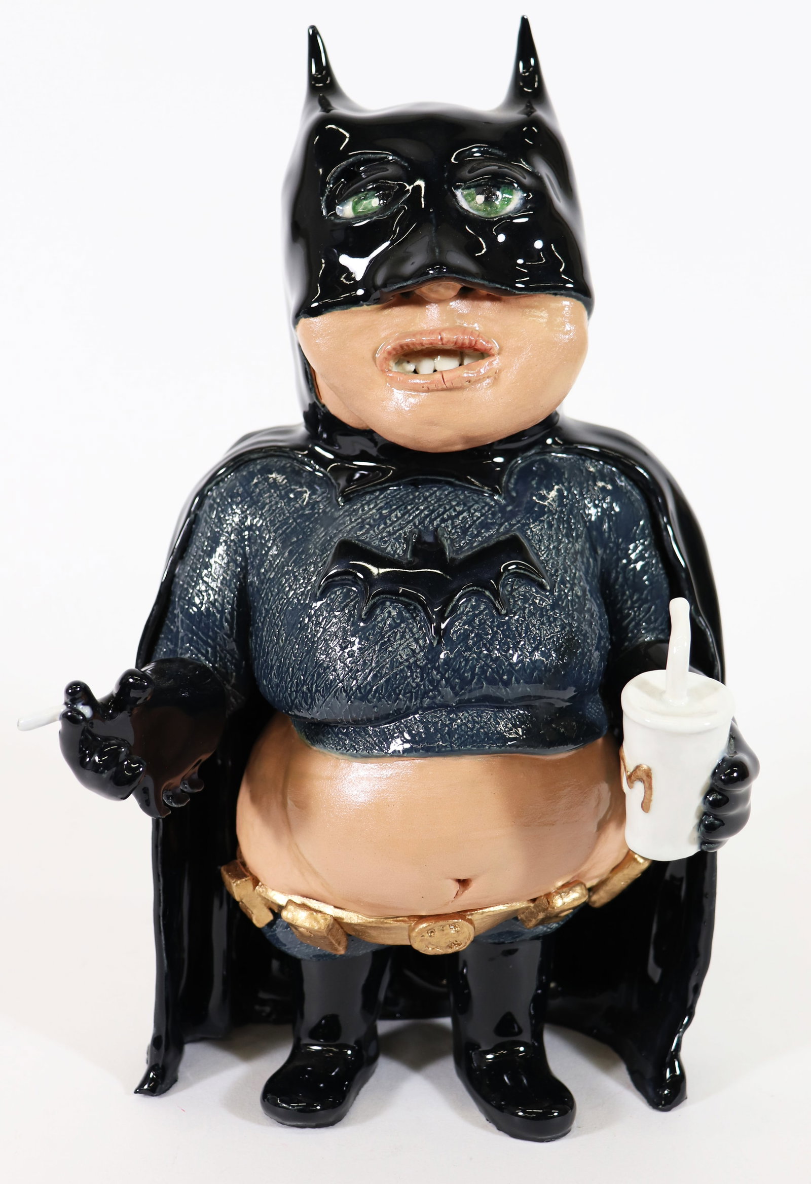 JEREMY WARDELL BATMAN (WAY BEYOND!) SCULPTURE: Jeremy Wardell Folk Art pottery sculpture of a whimsical Batman super hero that had a few unhealthy lifestyle choices including McDonald's and smoking a cigarette! Fighting crime can be exhausting - n