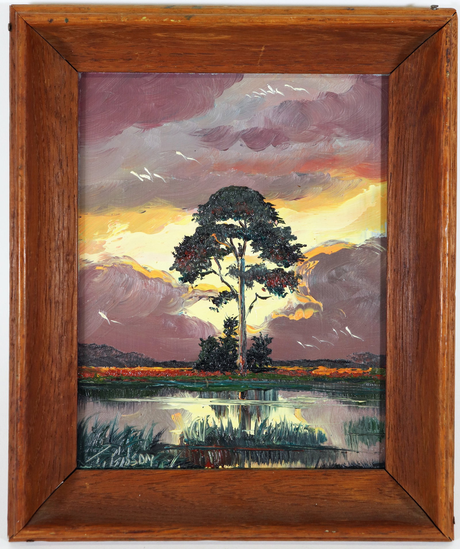 JAMES GIBSON COLORFUL PINE HIGHWAYMEN PAINTING: James Gibson (1938-2017) Highwaymen painting of a backwoods Florida landscape with heavy palette paint. Painting depicts a tall pine tree under a colorful sky with marsh and birds. Signed lower left. 