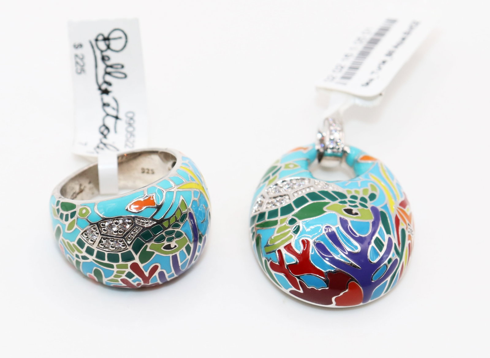 BELLE ETOILE STERLING SILVER & ENAMEL TURTLE SET: Belle Etoile matched sterling silver and enamel colorful sea turtle theme jewelry ring and pendant set. Ring size 7, pendant approximately 1.5" long. New with tags.