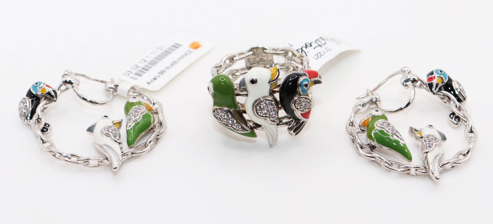 BELLE ETOILE STERLING AVIARY BIRD EARRINGS & RING: Belle Etoile matched sterling silver and enamel colorful matched set of aviary bird earrings and ring. Ring size 7 1/2, earrings 1 1/8" wide. New with tags.