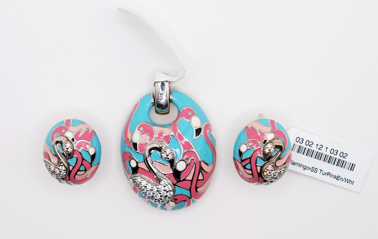BELLE ETOILE STERLING SILVER & ENAMEL FLAMINGO SET: Belle Etoile matched sterling silver and enamel flamingo earrings and pendant jewelry set. Pendant approximately 1.5" long. New with tags.