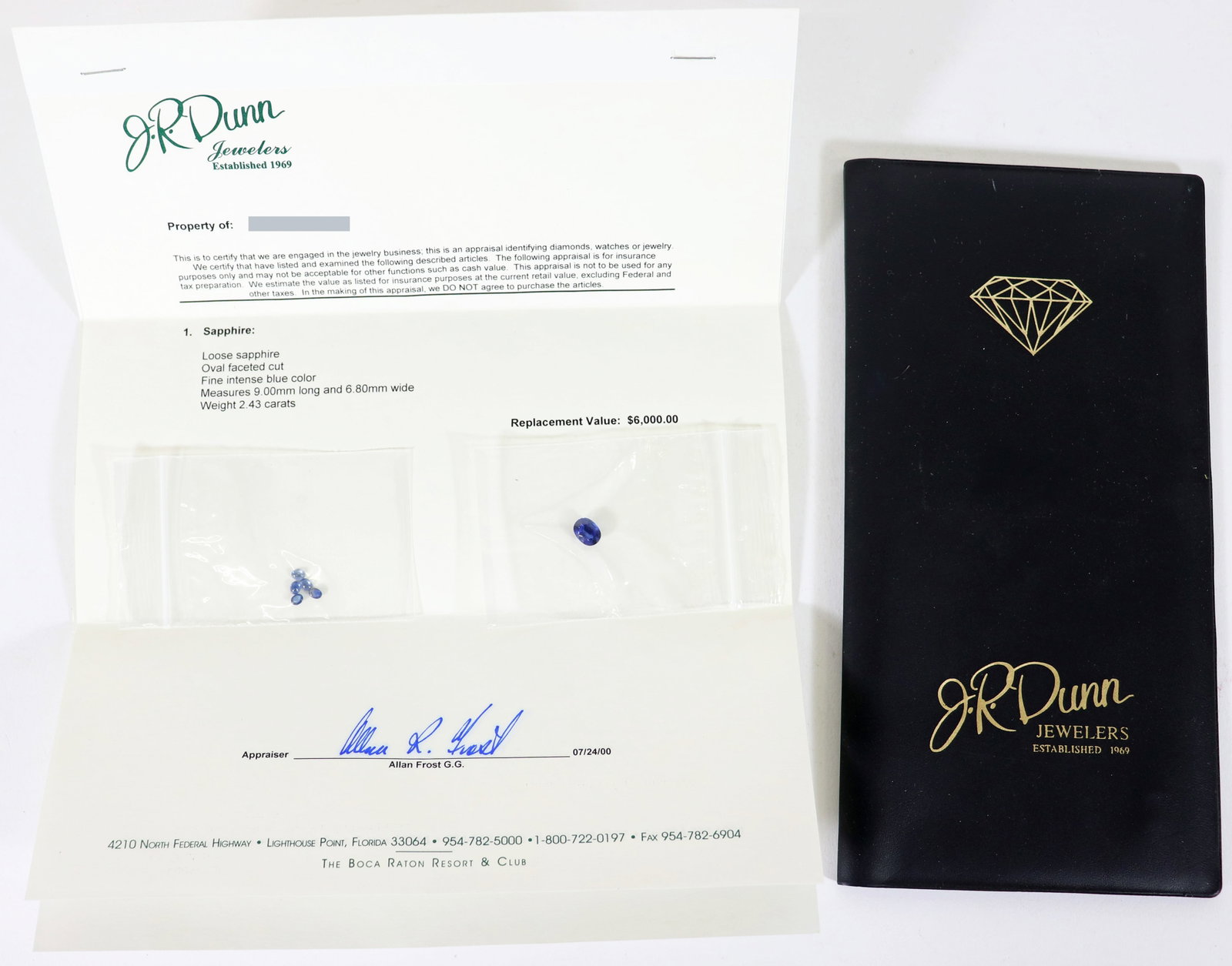 2.43 CARAT OVAL BLUE SAPPHIRE & MORE: Includes a 2.43 loose sapphire, oval faceted cut, fine intense blue color. Measures 9.00mm x 6.8mm. This was appraised by J. R. Dunn Jewelers for $6,000. Also includes some additional small blue sapph