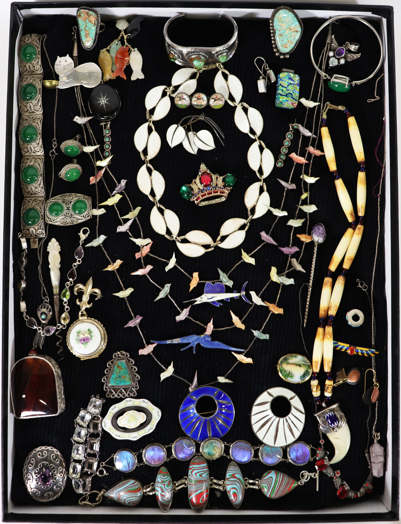 VINTAGE STERLING / NATIVE AMERICAN JEWERY & MORE: A large assortment of jewelry to include Meka sterling Denmark, Chrysoprase, Osvais Norway sterling, enamel, sterling Corocraft, Native American turquoise jewelry and more.