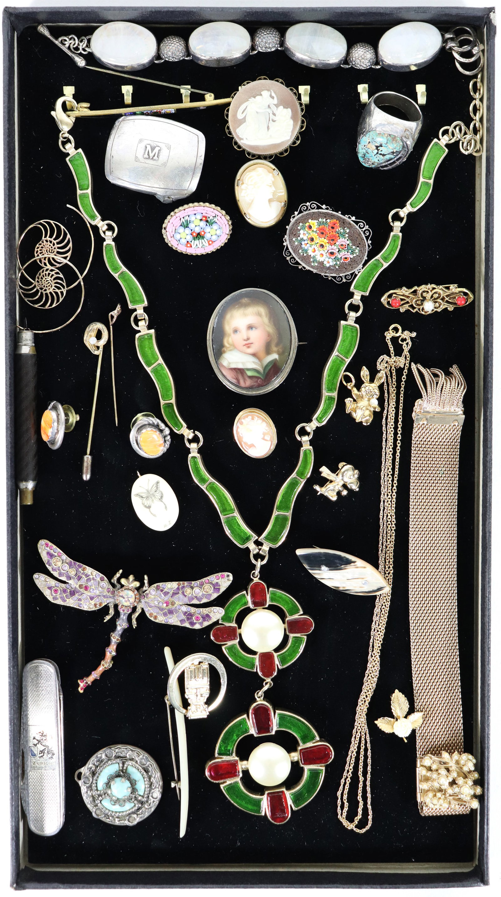 ASSORTED VINTAGE JEWERLY & CAMEO COLLECTION: Includes a Pamela Huizenga bracelet, a Hickock sterling buckle, a Navajo turquoise ring, a Chanel style necklace, a Jay Strongwater dragonfly pin, an 18K Victorian cameo, carved shell cameos, micromos