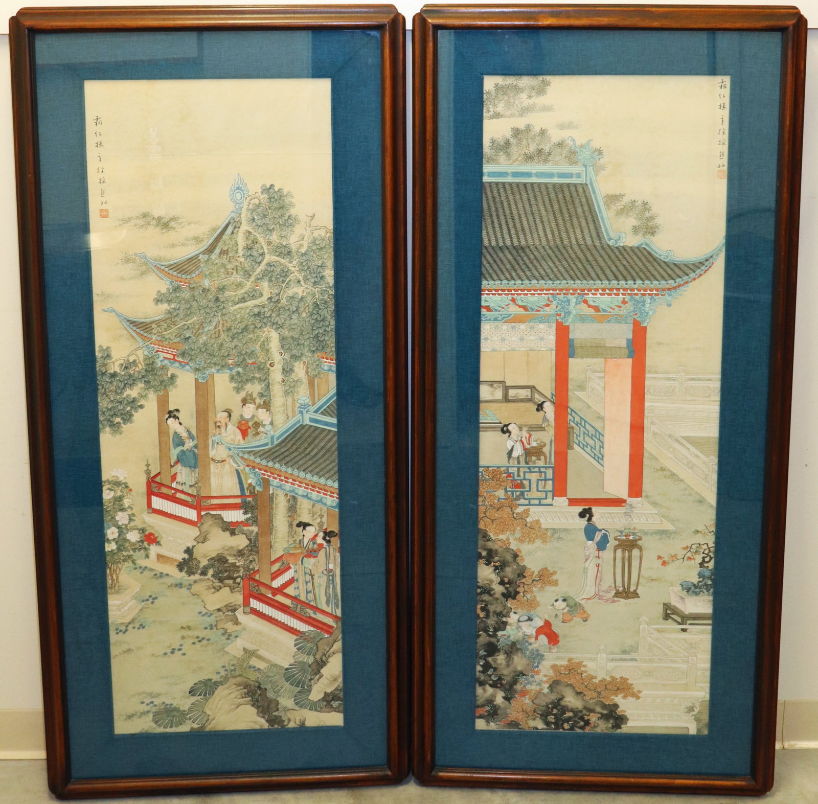 (2) CHINESE WATERCOLOR LANDSCAPE SCROLL PAINTING: Pair of tall Chinese framed vertical hanging scroll paintings with a garden pavilion setting and figures. In the style of Zhang Daqian or Meicun Zhu. Framed 26.5" x 59"