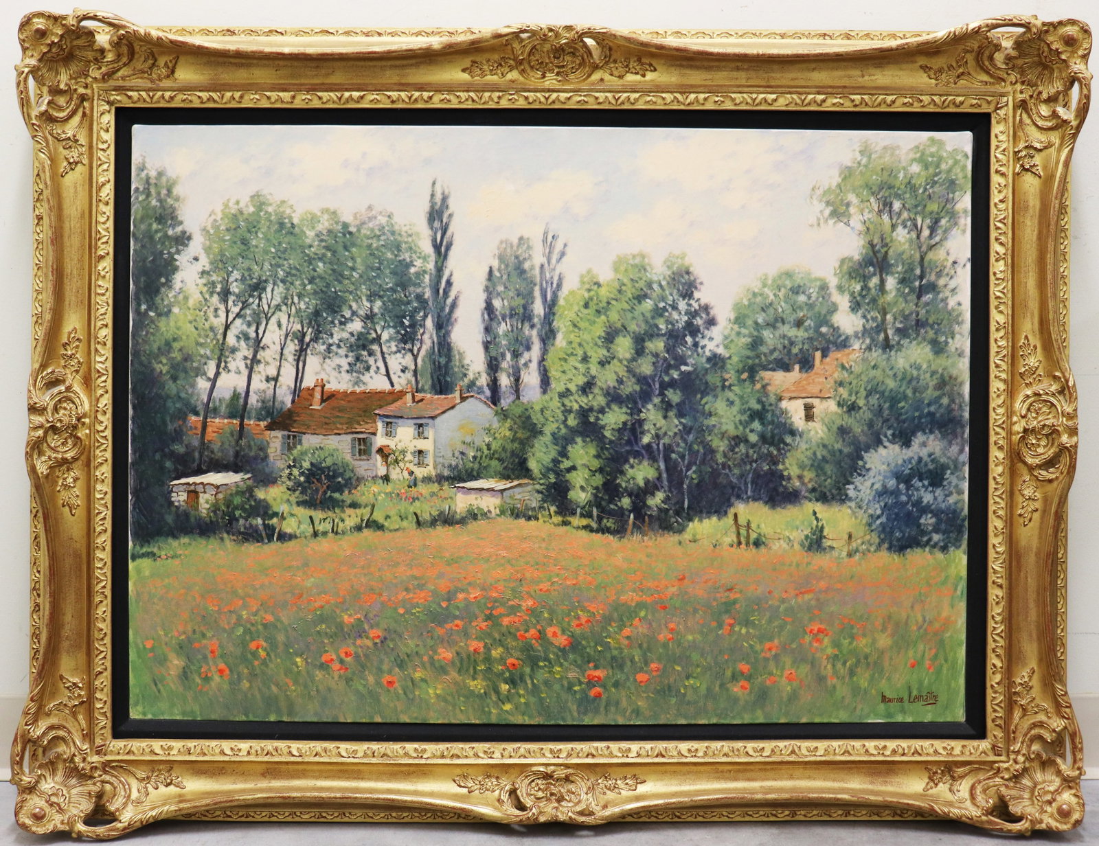 MAURICE LeMAITRE COLLONGES LA ROUGE PAINTING: Maurice LeMaitre (French, 1926-2018) Oil on canvas painting of a French landscape titled on verso - near Collonges La Rouge. Signed lower right. Measures 36.25" x 25.5" and 44.5" x 34" with frame.