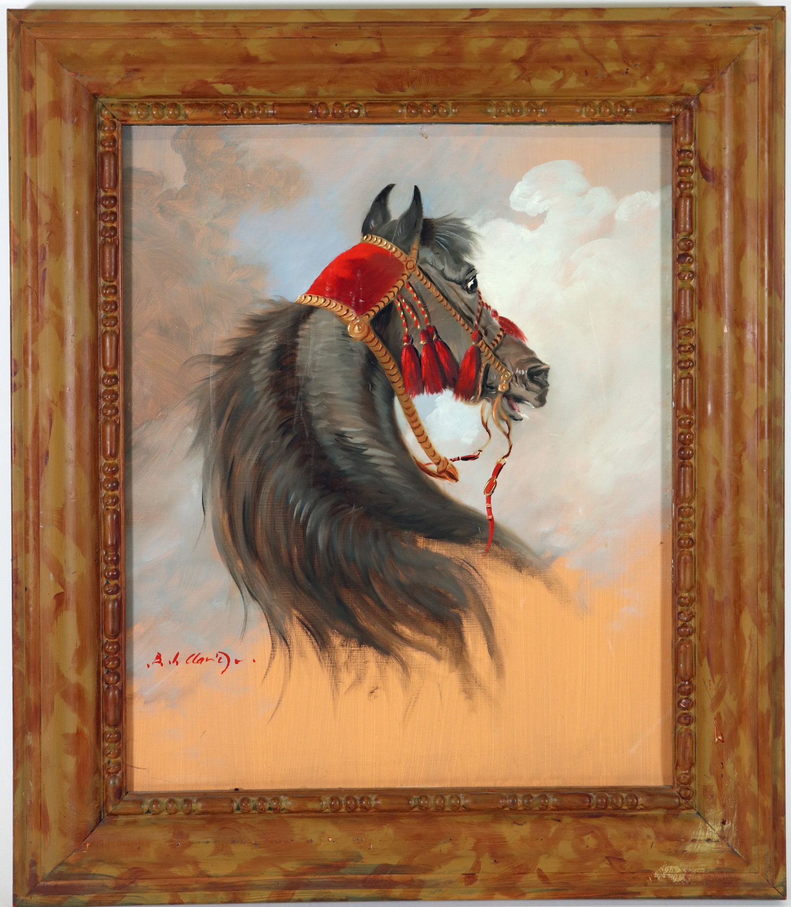 BERNARD DE CLAVIERE HORSE PORTRAIT 2: Count Bernard de Claviere (French 1934-2016) Chestnut Arabian horse portrait oil on board. Horse is facing right with background of orange, white and brown tones. Signed lower right. Measures 18" x 15