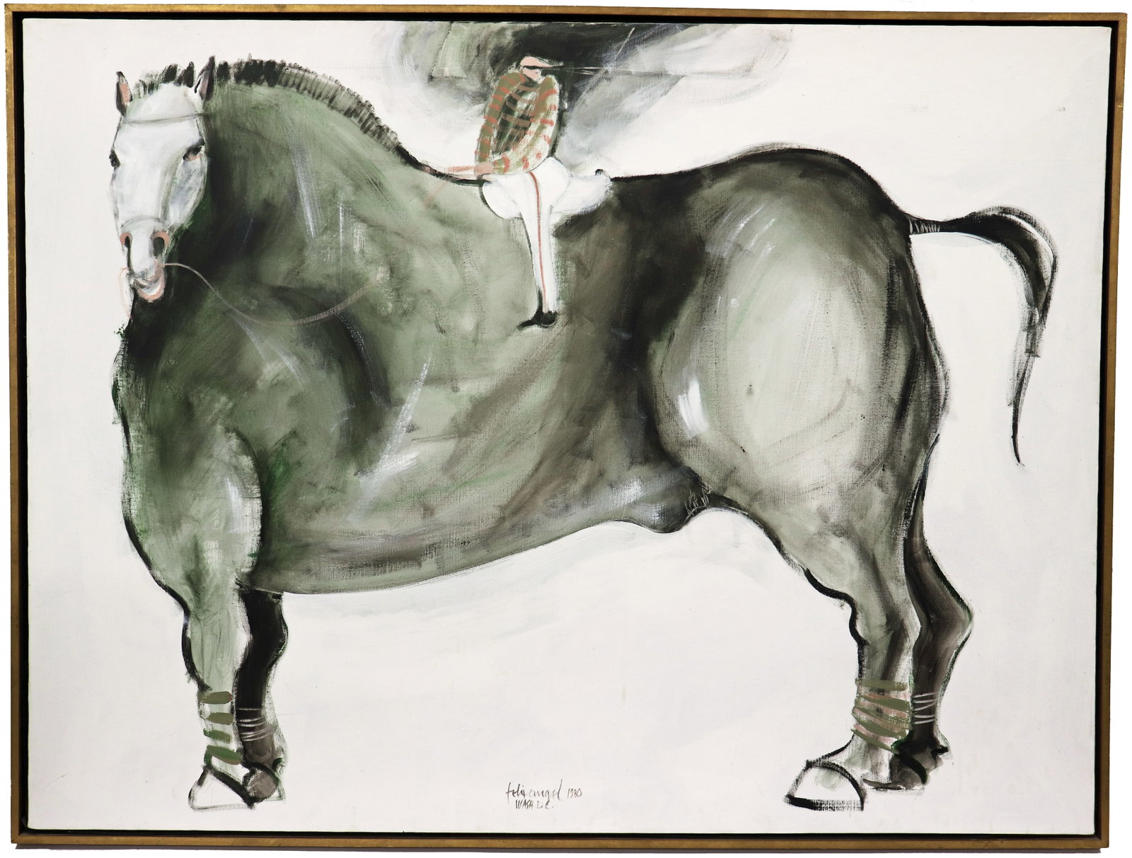 FELIX ANGEL HORSE & RIDER PAINTING: Felix Angel (Colombian, b. 1949) Large painting of canvas of a horse and rider. Signed lower middle, dated 1980, Wash D.C. Measures 48" x 36" and 49.25" x 37.25" with frame.