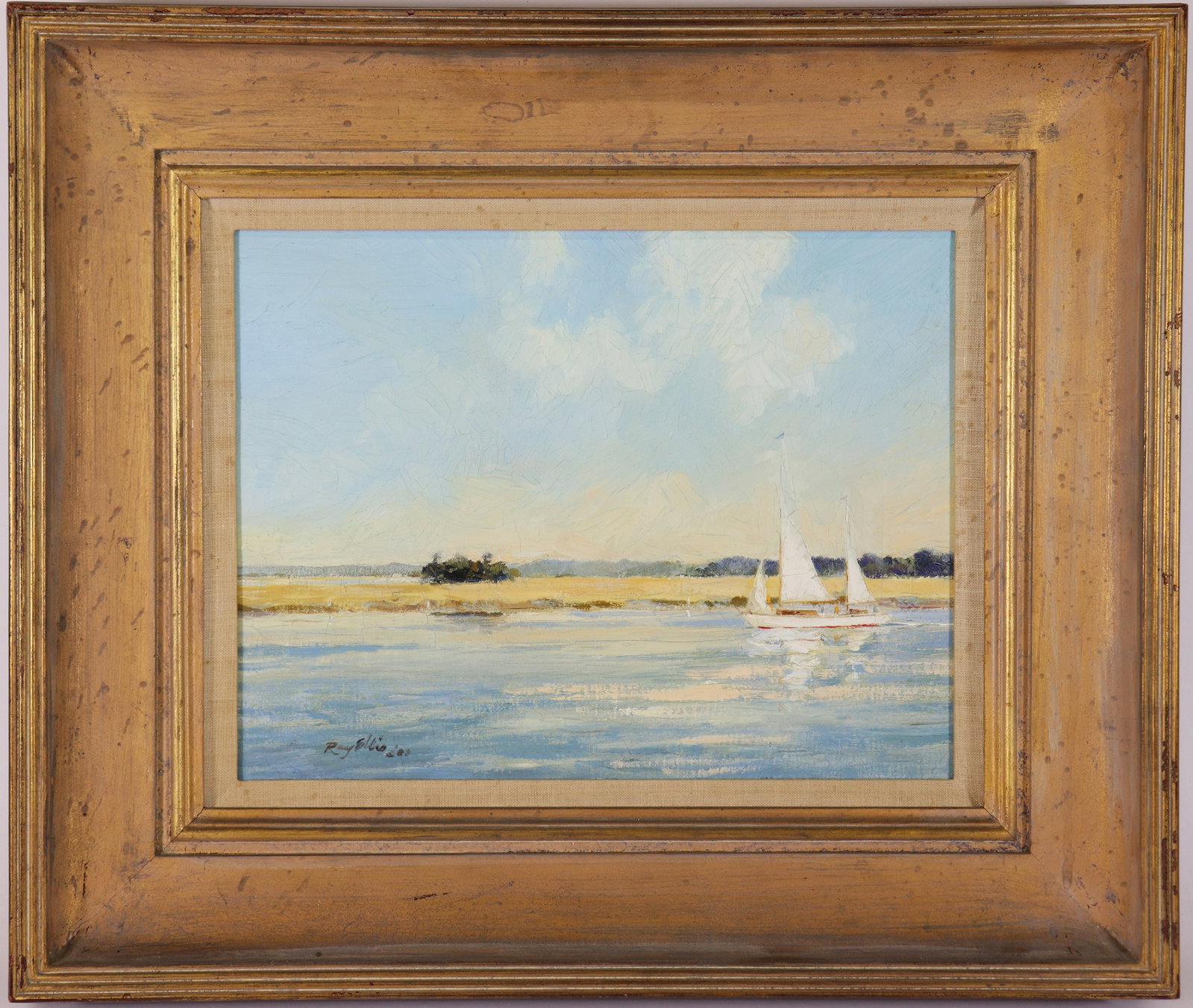 RAY ELLIS LOWCOUNTRY SAILBOAT PAINTING: Ray Ellis (1921-2013) Oil on canvas painting of a low country landscape with cloudy blue sky, sailboat in the water, and marsh in the distance. Signed lower left and dated. Some craquelue to canvas. M