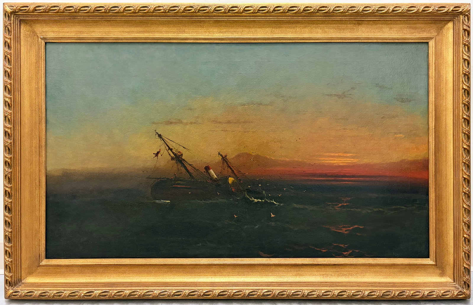 AMERICAN SCHOOL SHIP AT SUNSET SEASCAPE PAINTING (1 of 7)