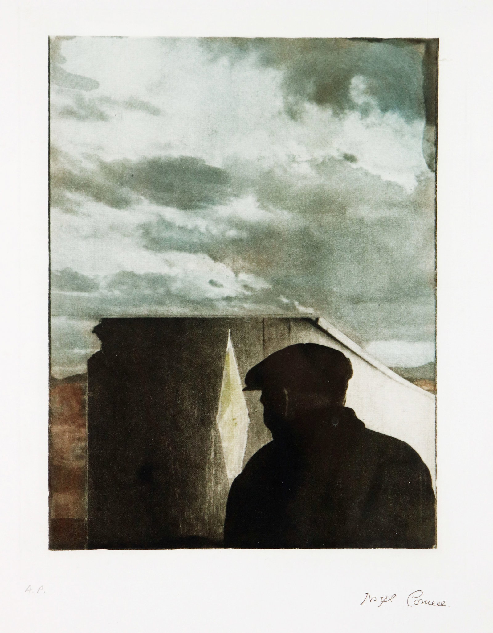 JOSEPH CORNELL (A.P.) UNTITLED LANDSCAPE W/ FIGURE: Joseph Cornell (American, 1903-1972) Framed print - Untitled (Landscape with Figure). Artist Proof with A.P lower left, signature lower right with estate blind stamp. Measures 11 5/8" x 8 3/4" (image 