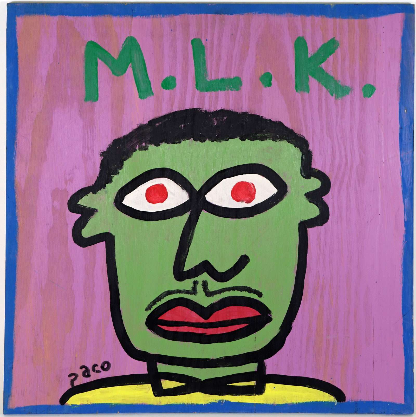 PACO FELICI FOLK ART M.L.K. PORTRAIT: Paco Felici (American, b. 1970) Colorful Folk Art painting on wood panel of a portrait of Martin Luther King. Signed lower left. Measures 24" x 24". Paco Felici is a self taught artist born in Brazil 