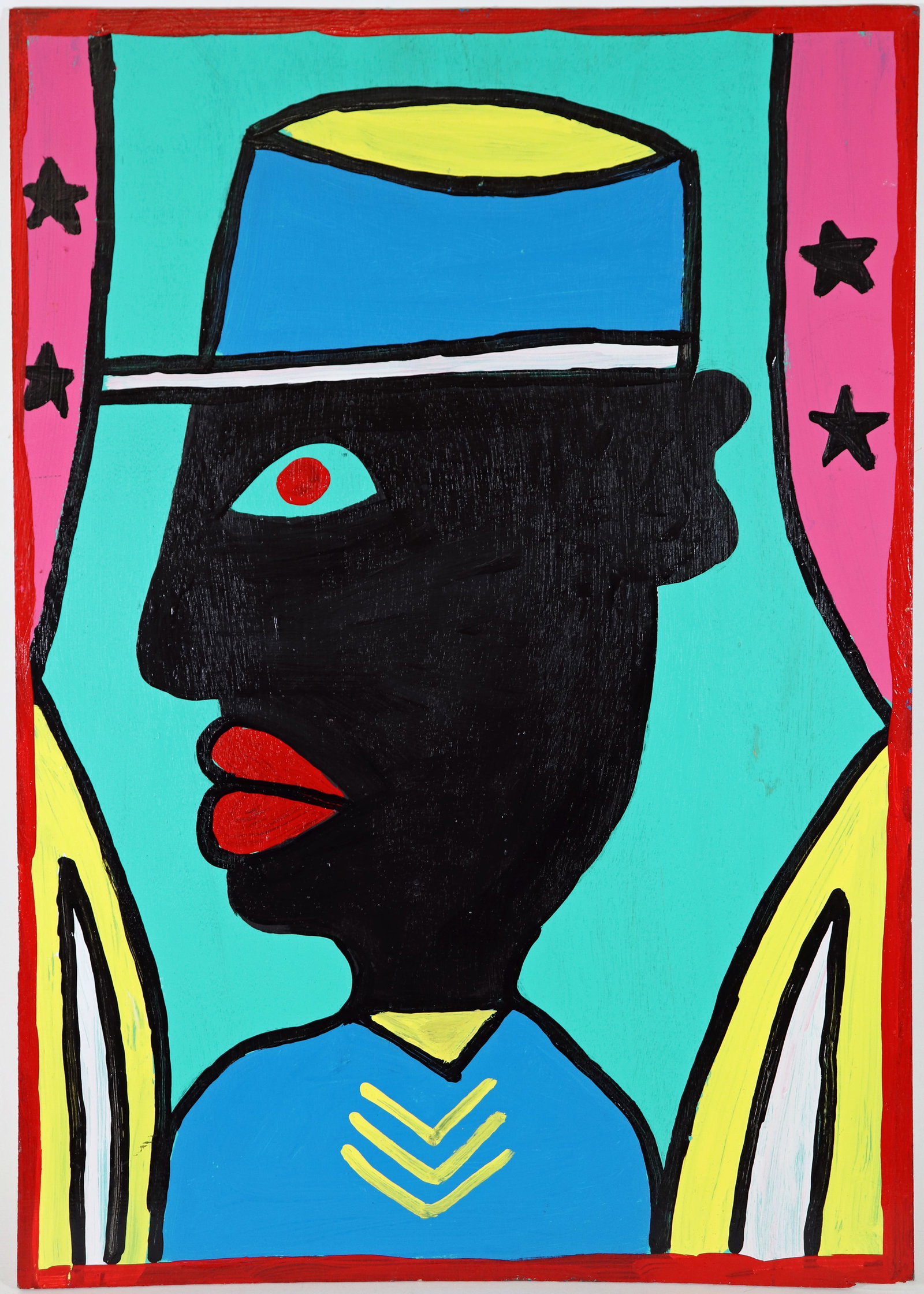 PACO FELICI BUFFALO SOLDIER PAINTING: Paco Felici (American, b. 1970) Colorful Folk Art painting on wood panel of a Buffalo Soldier portrait. Signed on verso. Measures 30" x 21". Paco Felici is a self taught artist born in Brazil with a m