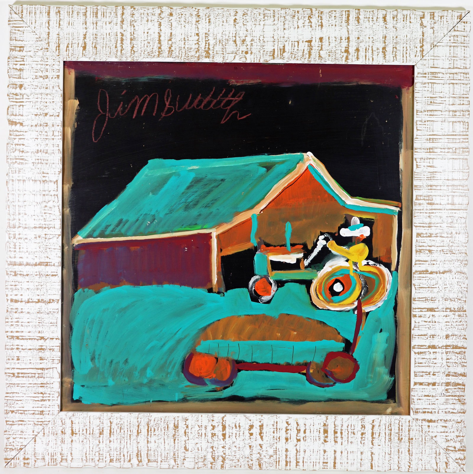 JIMMY LEE SUDDUTH FARMER ON TRACTOR PAINTING: Jimmy Lee Sudduth (American, 1910-2007) Folk Art painting of a farm scene with a farmer on tractor and barn. Signed top left. Measures 24" x 24" on wood board and 31" x 31" with frame. Jimmy Lee Suddu