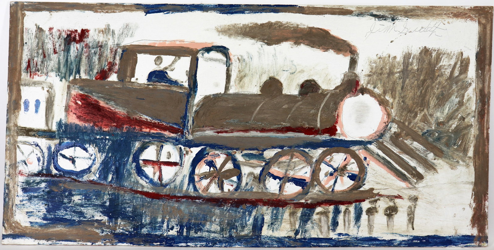 JIMMY LEE SUDDUTH FOLK ART TRAIN PAINTING: Jimmy Lee Sudduth (American, 1910-2007) Folk Art painting of a train on the tracks. Signed top right. Measures approximately 48" x 24" on wood board. Jimmy Lee Sudduth was a well known self taught art