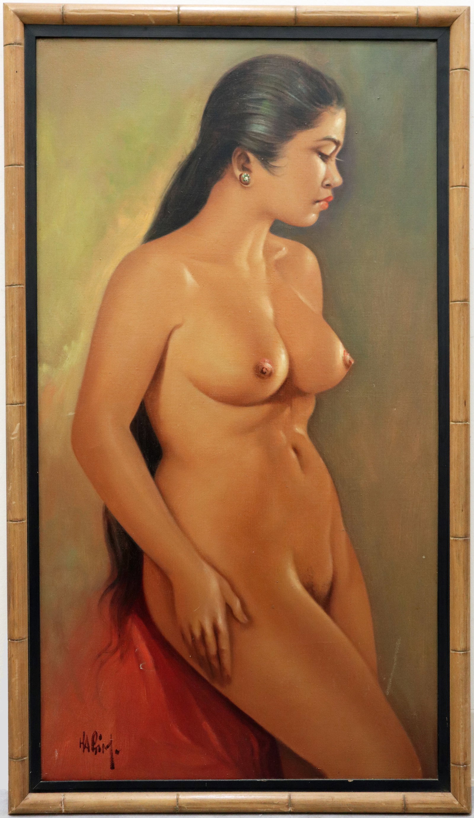 HASIM INDONESIAN NUDE FEMALE FIGURE PAINTING: Hasim (Indonesian, 1921-1982) Vintage oil on canvas painting of a standing nude female figure with long hair. Signed lower left. Measures 36.25" x 19.5" and 39" x 22.5" with frame.