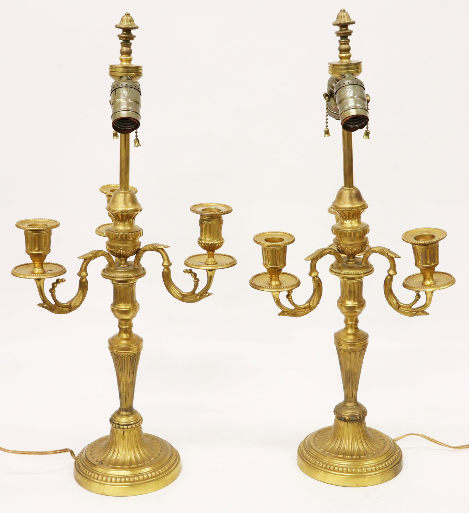 PAIR OF GILT 3 ARM CANDELBRA LAMPS: A pair of 3 arm gilt candelabra lamps. 22" x 10"