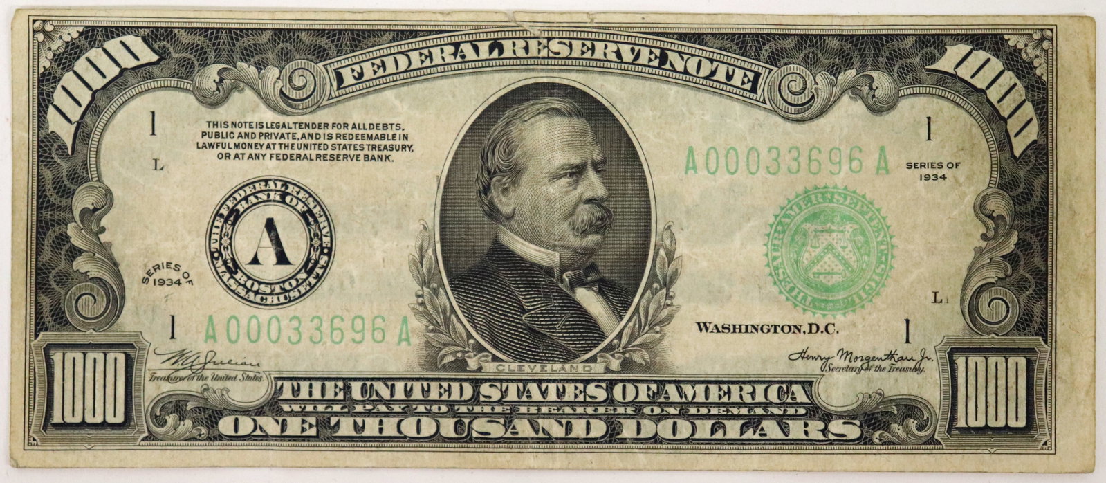 1934 $1,000 FRN FEDERAL RESERVE BANKNOTE BOSTON: Rare 1934 Federal Reserve Bank Note $1000 bill from the Boston Federal Reserve. It is an A series note numbers A00033696A.