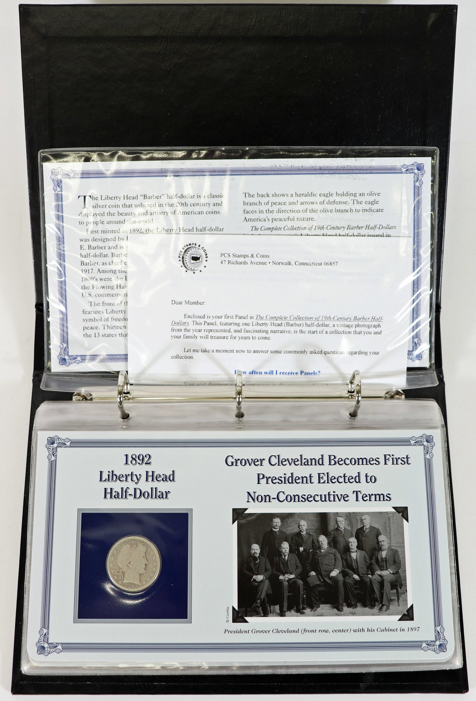 (8) 19TH CENTURY BARBER HALF DOLLARS PCS 1892-1899: A PCS Stamps & Coins album of The Complete Collection of 19th Century Barber Half-Dollars. The book is filled with an enviable treasure of silver coins issued from 1892 through 1899 featuring the famo