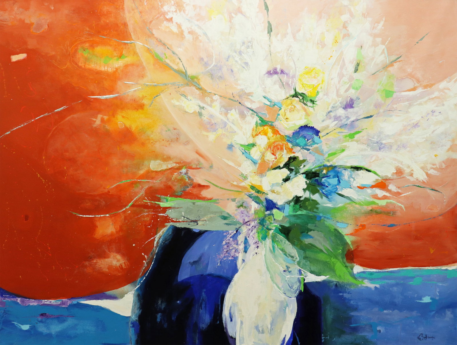 LEE BATTERMAN ABSTRACT STILL LIFE PAINTING: Large oil on canvas Abstract floral still life painting by Lee Batterman. Signed lower right. Measures approximately 66" x 50".