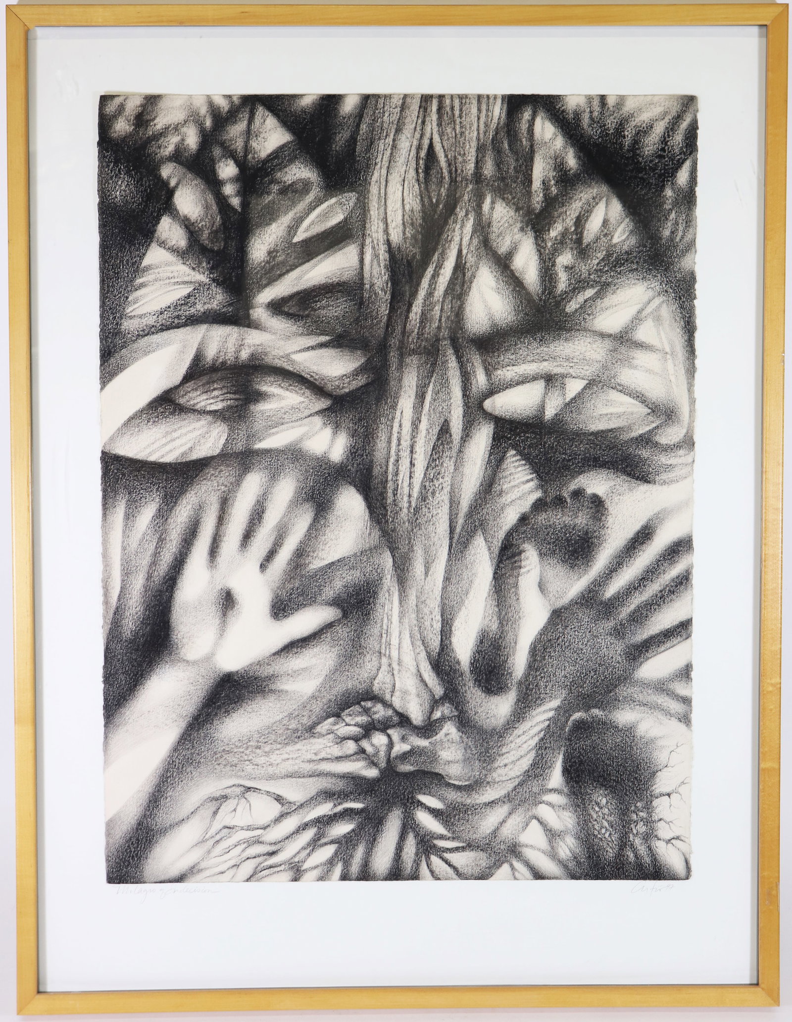 ADRIAN TIO DIAZ MILAGRO OF INDECISION CHARCOAL: Adrian Tio Diaz (b. 1951) Charcoal drawing on paper titled "Milagro of Indecision". Signed lower right and dated 97', titled lower left. Also signed and titled on verso. Measures 30" x 22.5" and 38.25