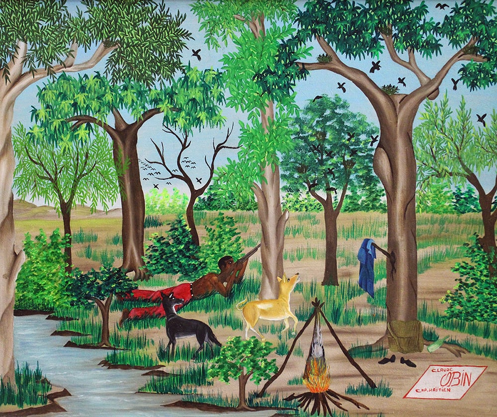 HENRI CLAUDE OBIN HAITIAN BIRD HUNTING PAINTING: Henri-Claude Obin (1949-2000) Haitian painting depicting a man in the woods hunting birds with two dogs near a campfire. Signed lower right. Measures 19.25" x 16" on masonite board and 24.5" x 21.5" w
