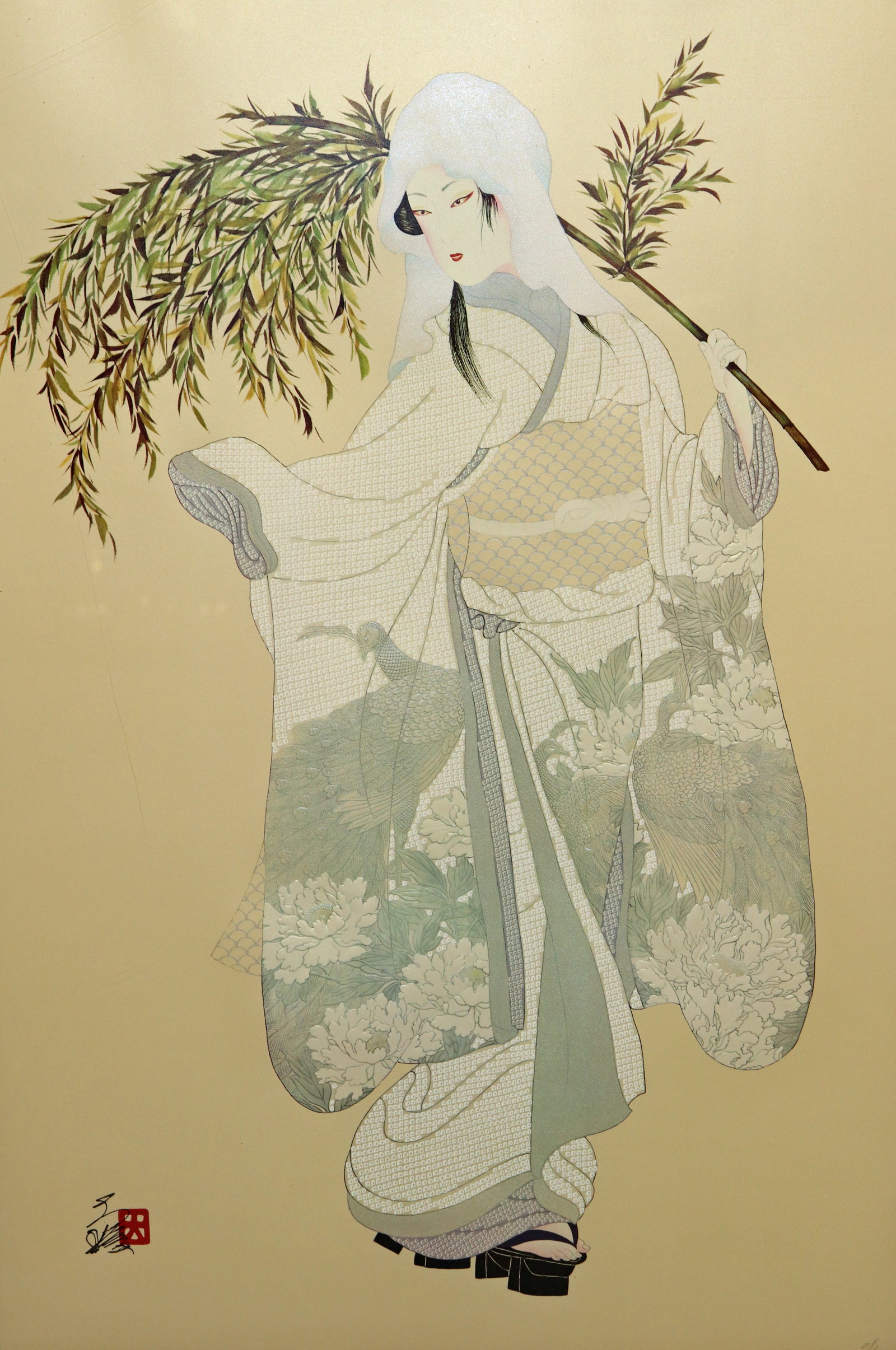 HISASHI OTSUKA "MOMENT OF REVERENCE" SERIGRAPH: Hisashi Otsuki (Japan b 1947) Mixed media serigraph on paper limited edition "A Moment of Reverence" depicts an image of a bride in wedding Kimono. Numbered edition 28/300, red seal and signature lowe