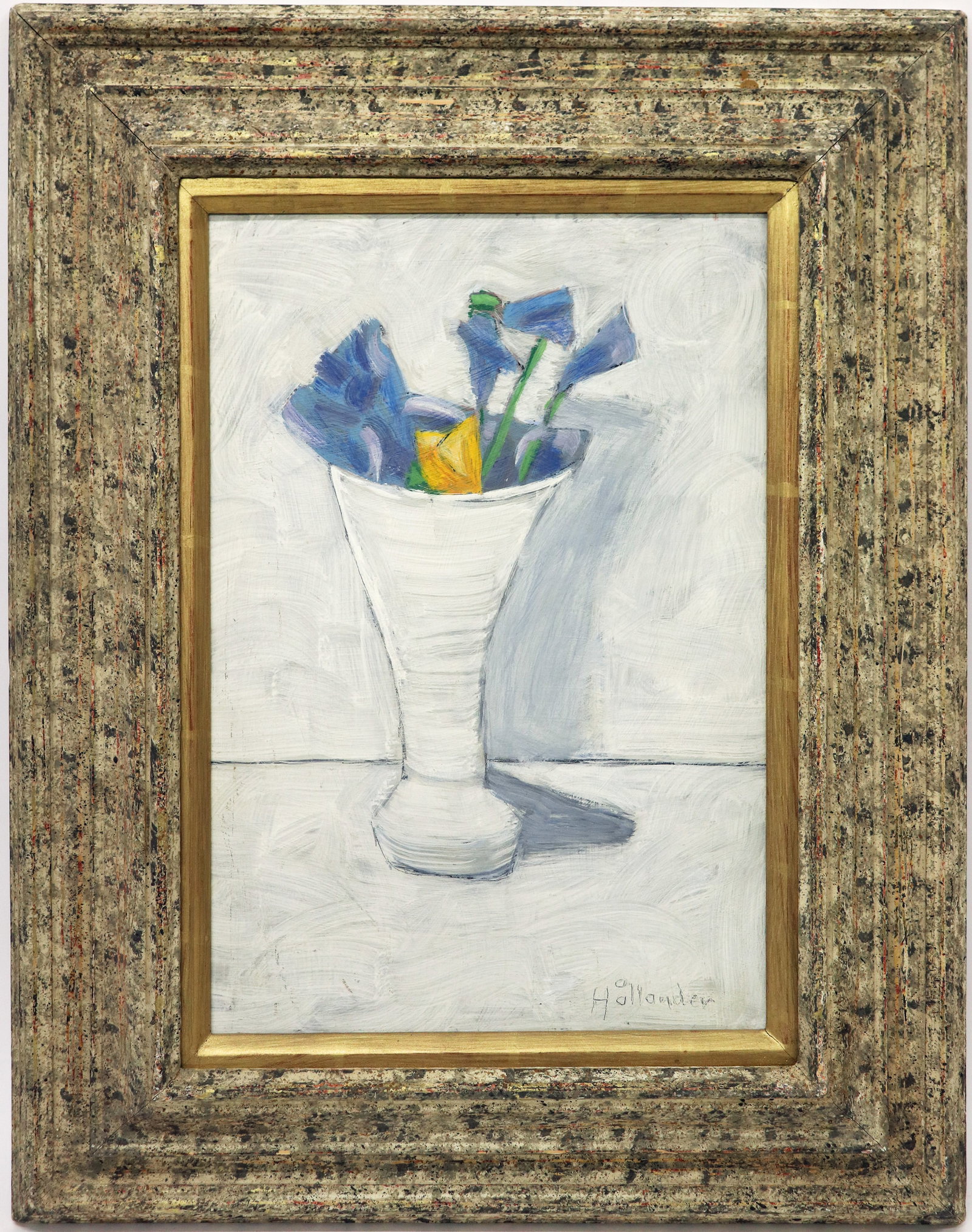 GUNNAR HALLANDER STILL LIFE 1975 PAINTING: Gunnar Hallander (Swedish, 1915-1980) Oil on board still life painting. Signed lower right and also on verso. Measures 21.5" x 15" and 31.75" x 25" with frame.