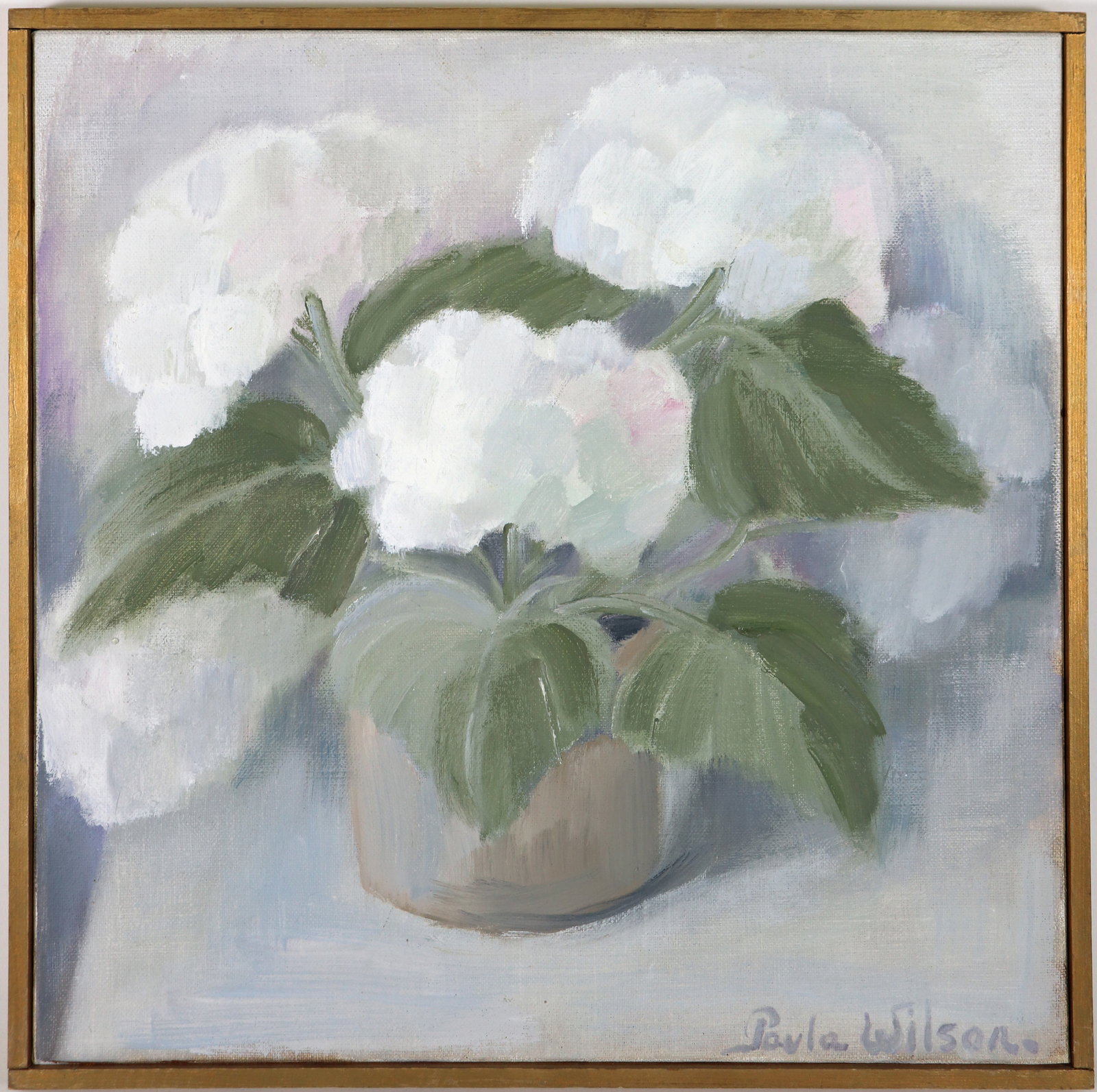 PAULA WILSON WHITE HYDRANGEAS PAINTING: Paula Wilson oil on canvas painting of white hydrangea flowers in a vase. Signed lower right. Measures 16" x 16" and 16.75" x 16.75" with frame.